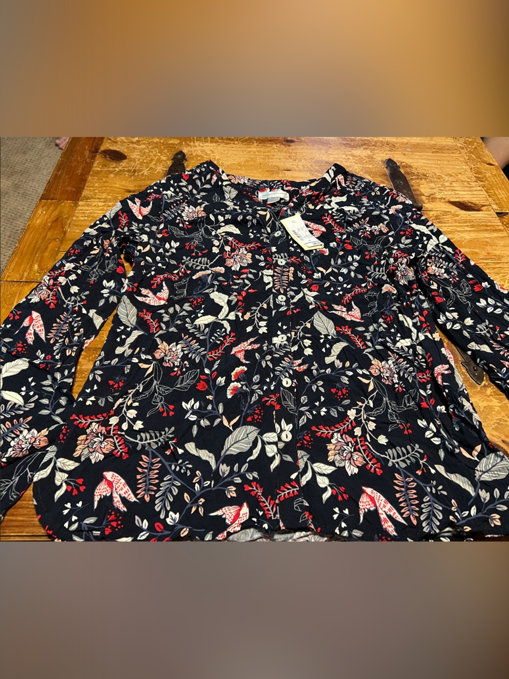 Navy Floral Button-Up Blouse with Red & Cream Accents